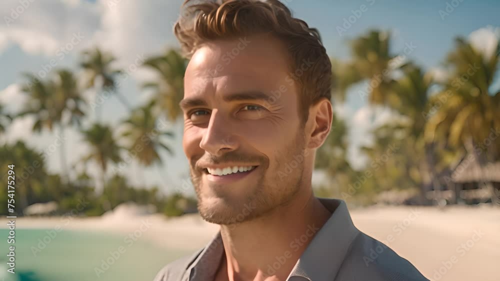Poster man standing on beach with palm trees generative ai