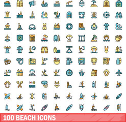 100 beach icons set. Color line set of beach vector icons thin line color flat on white