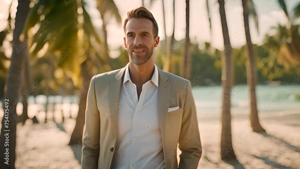 Poster man standing on beach next to palm trees generative ai