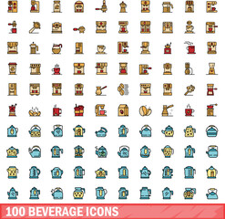 100 beverage icons set. Color line set of beverage vector icons thin line color flat on white