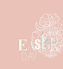 Happy easter. The print-ready holiday card is a trendy folk design with typography of individual Easter elements in pastel colors. Minimalist style of modern art.