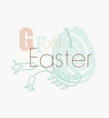 Happy easter. The print-ready holiday card is a trendy folk design with typography of individual Easter elements in pastel colors. Minimalist style of modern art.