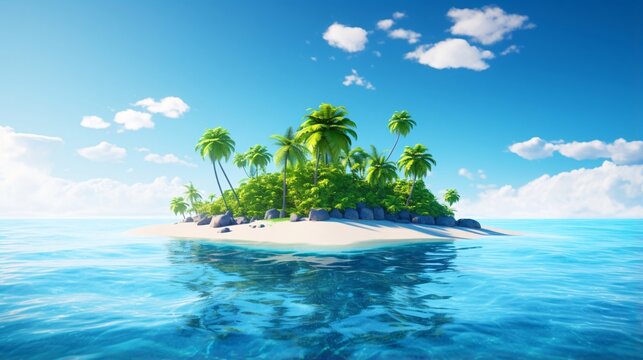 青い海と空と無人島、トロピカルな島の風景