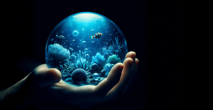 A picture of a person holding a crystal ball with underwater creatures inside. The concept of helping to preserve the environment