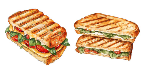  set of two panini bread sandwich clipart breakfast snack watercolor illustration on transparent background
