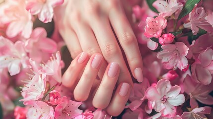 Fototapeta premium close-up of a hands with well-manicured, glossy, pink nails surrounded by blooming pink flowers. nail design