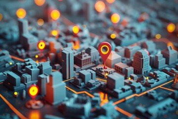 Stylized city map with location pins - obrazy, fototapety, plakaty