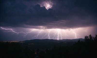 Lightning in the night sky. Night thunderstorm