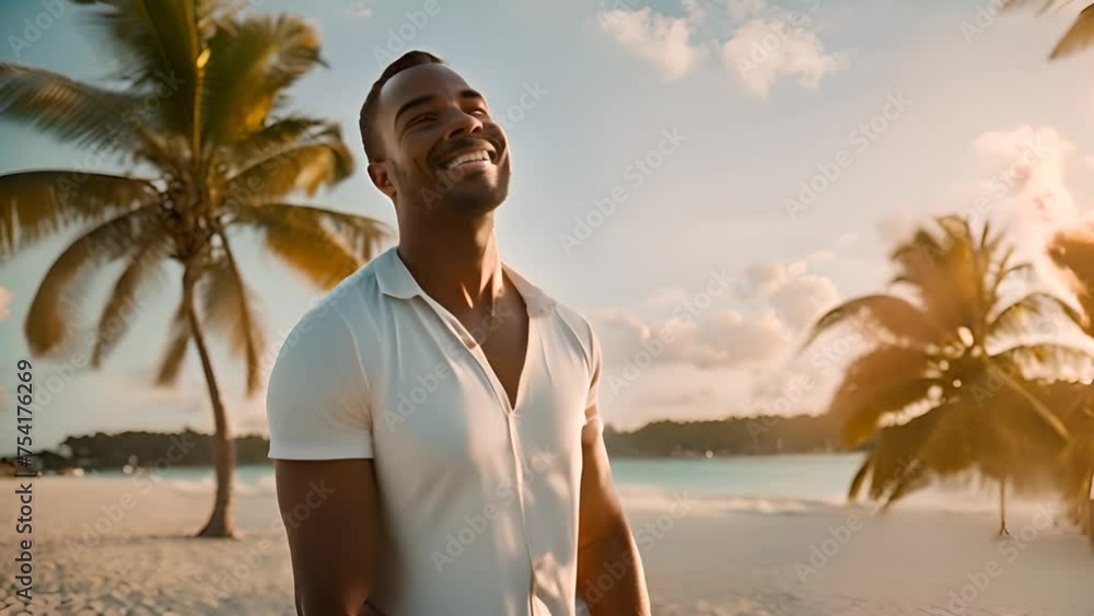 Poster man standing on beach by ocean generative ai