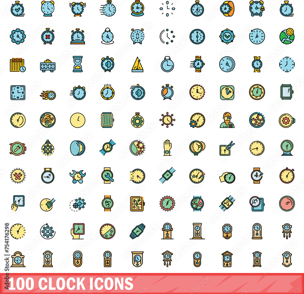 Poster 100 clock icons set. color line set of clock vector icons thin line color flat on white