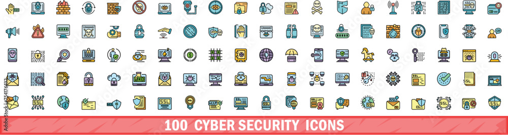 Poster 100 cyber security icons set. color line set of cyber security vector icons thin line color flat on 