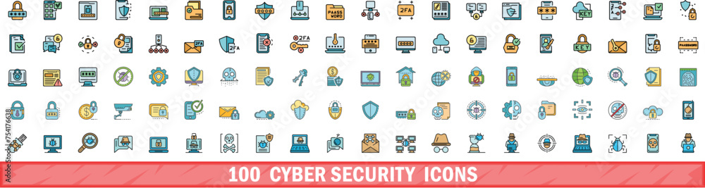 Poster 100 cyber security icons set. color line set of cyber security vector icons thin line color flat on 
