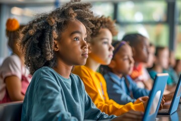 Diverse Group of Concentrated Children Using Tablets in Classroom for Education and Learning Activities - Powered by Adobe