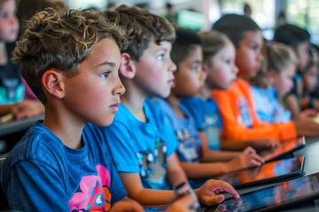 Group of Diverse Children Focused and Using Tablets at a Modern Classroom or Tech Camp