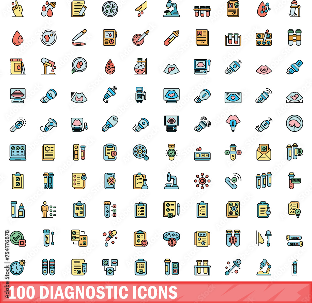 Sticker 100 diagnostic icons set. Color line set of diagnostic vector icons thin line color flat on white - Stickers