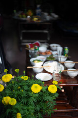 Traditional Tet of Vietnamese people has sacred and beautiful things in the hearts of Saigon people.Close-up of pink cherry blossom. Festivals are collective activities .