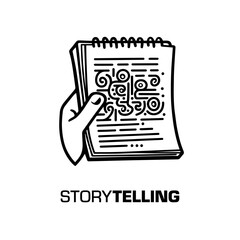 Hand holding a notebook with imaginary text with the caption below: Storytelling. Black and white vector illustration