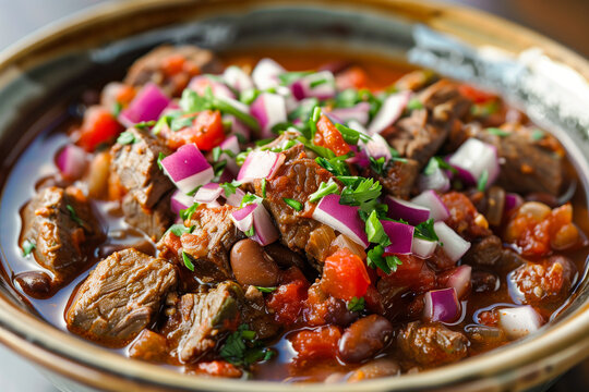 Beef brisket chili with beans and fresh vegetables, a hearty mea
