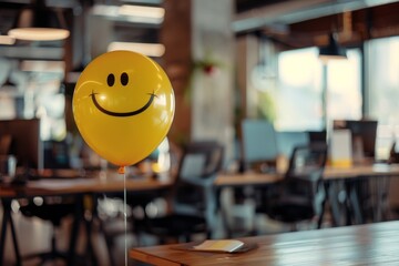 Smiley face balloon in an office setting - obrazy, fototapety, plakaty