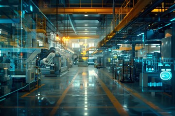 Modern factory interior with futuristic digital overlays