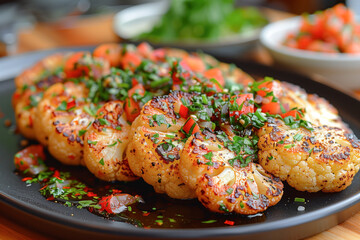 Gourmet grilled cauliflower topped with fresh herbs and spices - obrazy, fototapety, plakaty