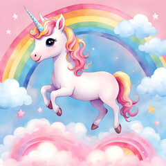 watercolor unicorn jumps and runs across the rainbow