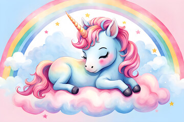 watercolor unicorn sleeping on the rainbow