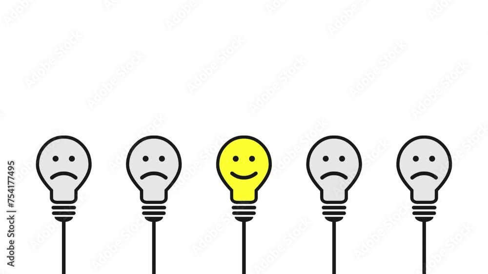 Poster good idea or positive thinking concept with smiling light bulb standing out from the grey and sad on