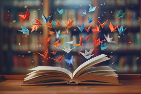 Open book with origami birds flying out in a library