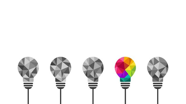 Creative thinking and idea concept with colorful low poly light bulb being unique, different and standing out from the rest. Animation with emerging lightbulb as creativity and success symbol.