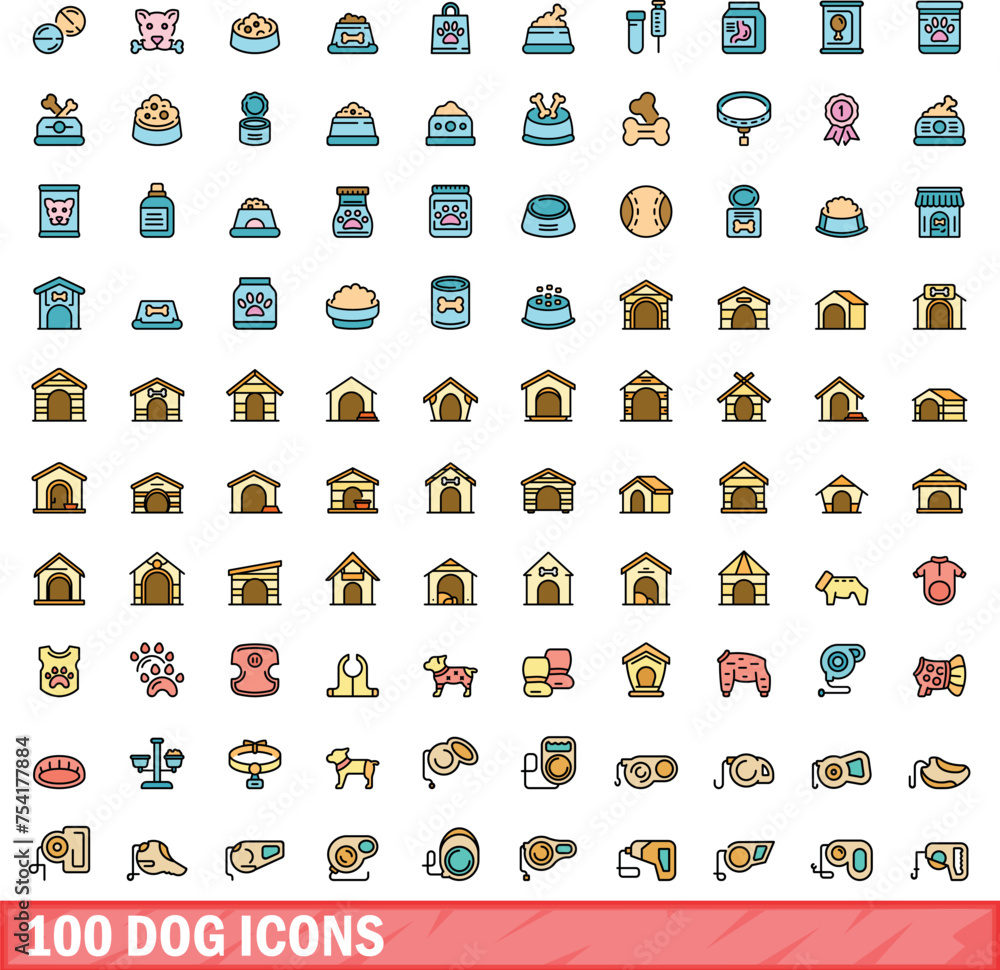 Wall mural 100 dog icons set. color line set of dog vector icons thin line color flat on white - Wall murals