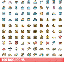 100 dog icons set. Color line set of dog vector icons thin line color flat on white