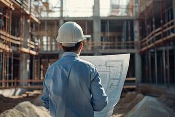 Engineer reviewing blueprints at construction site