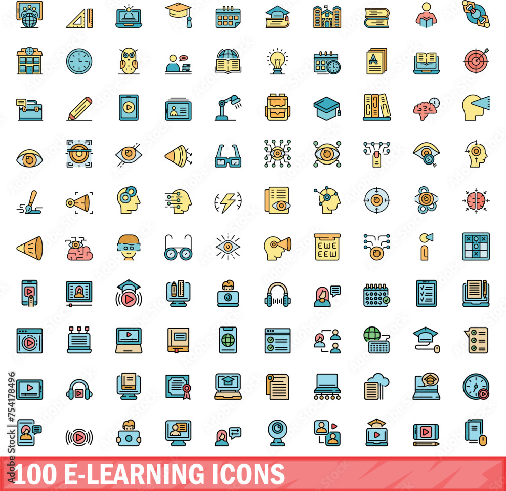 Poster 100 e-learning icons set. color line set of e-learning vector icons thin line color flat on white