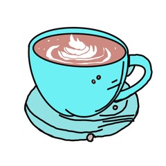 Cup of hot coffee, blue cup，white background，sticker