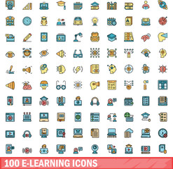 100 e-learning icons set. Color line set of e-learning vector icons thin line color flat on white