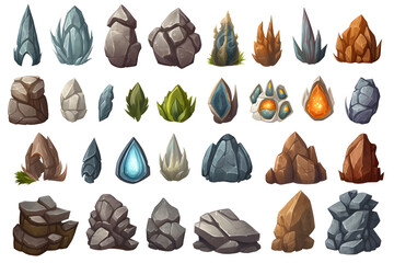 Set of Fantasy stone game elements design isolated on white - obrazy, fototapety, plakaty