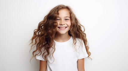 Smiling teenage girl in a white T-shirt on a white background mockup. Childhood lifestyle concept. Mockup copy space