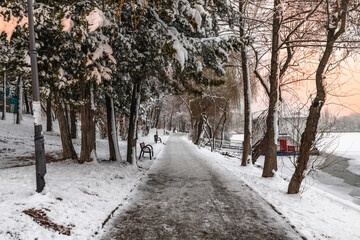 Winter snowy time in a park in Bucharest Romania sunset colors