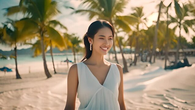 Asian Woman Standing on Sandy Beach Generative AI