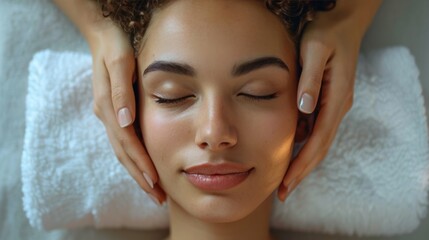 Close up of female masseur hands making face relaxing massage to young girl lying with closed eyes in beauty salon or cosmetology cabinet. - obrazy, fototapety, plakaty