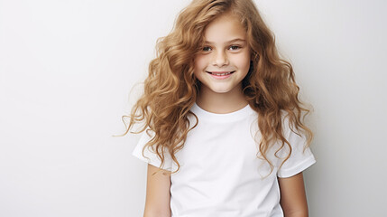 Smiling teenage girl in a white T-shirt on a white background mockup. Childhood lifestyle concept. Mockup copy space