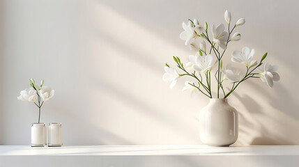 home interior with white flowers in a vase on a light background for product display © RM Graphics