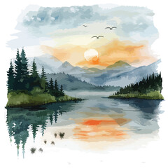 A peaceful lakeside sunset vector illustration