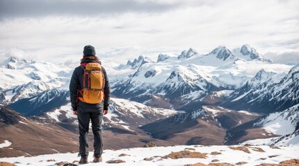 Mountaineer admiring snowy peaks under a cloudy blue sky 