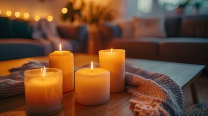 Cozy living room with candles in the background, close-up time-lapse animation video - obrazy, fototapety, plakaty