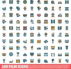 100 film icons set. Color line set of film vector icons thin line color flat on white