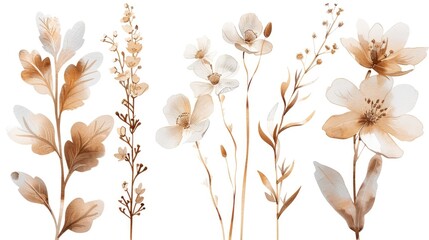 Sepia-Toned Botanical Illustration. A collection of sepia-toned botanical illustrations featuring various stylized flowers and leaves. - obrazy, fototapety, plakaty