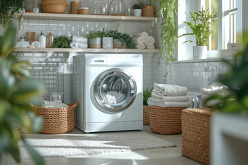 loading washing machine at laundry - obrazy, fototapety, plakaty