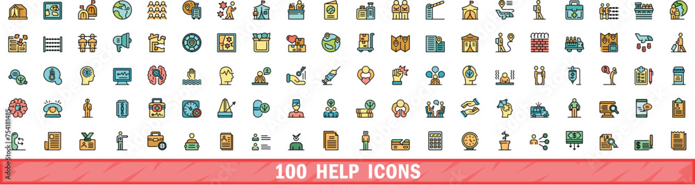 Poster 100 help icons set. color line set of help vector icons thin line color flat on white